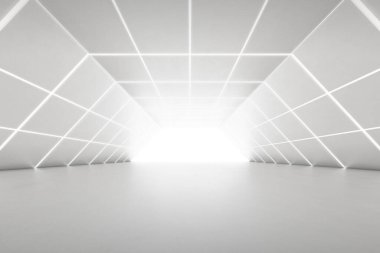 Duvarında ışık olan boş fütüristik tünel odasının soyut 3D görüntüsü. Bilim kurgu konsepti.