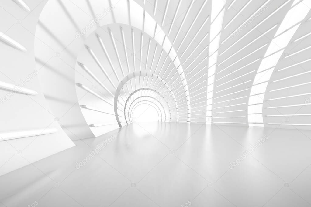 Abstract 3d rendering of empty futuristic arch tunnel room with light on the wall. Sci-fi concept.