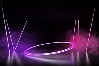 3D fütüristik parlak neon ışıkları daire şeklinde ve beton zeminde duman şeklinde..