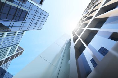 Fütürist mimarinin düşük açılı görüntüsü, kurumsal ofis binasının gökdeleni, 3D görüntüleme.