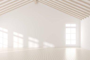 Ahşap kaplama döşemeli 3 boyutlu boş asgari oda. Beyaz duvarda pencere gölgesi olan modern iç tasarım..