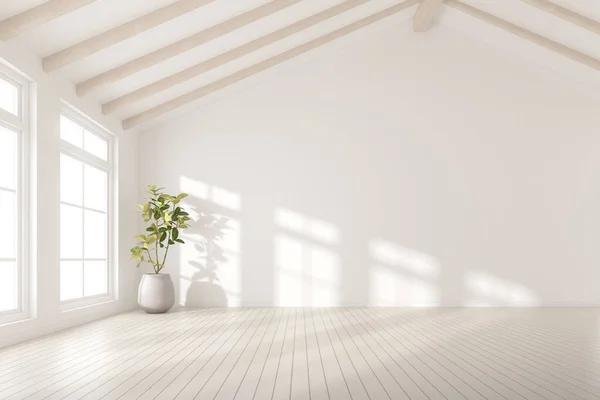 Renderização Sala Vazia Com Parede Branca Vaso Planta Piso Laminado — Fotografia de Stock