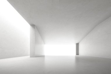 Beyaz zemin üzerinde büyük bir yapı bulunan boş beton odanın 3d görüntüsü.