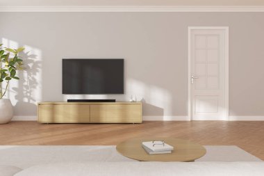 3 boyutlu modern oturma odası, televizyon ekranı ve gri duvar arka planında kanepe..