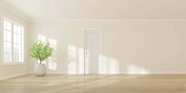 Rendering White Empty Room Wooden Floor Sun Light Cast Shadow — Stock Photo, Image