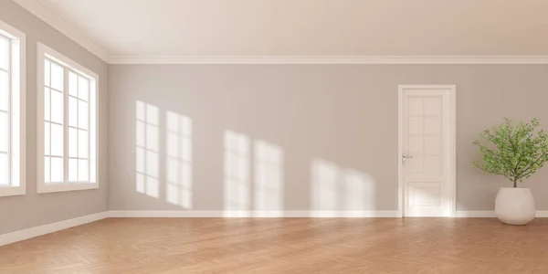 Rendering White Empty Room Wooden Floor Sun Light Cast Shadow — Stock Photo, Image