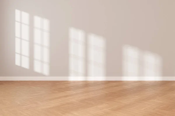3D rendering of white empty room with wooden floor and sun light cast shadow on the wall.