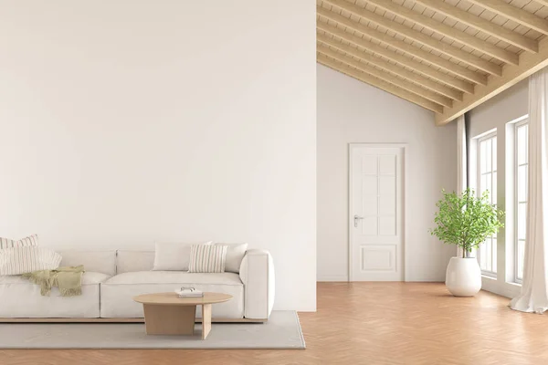 平白墙壁和沙发铺在木制层压板地板上的空房间3D渲染 — 图库照片