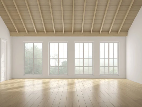 3D rendering of white empty room with wooden floor and sun light cast shadow on the wall. Windows and nature background.