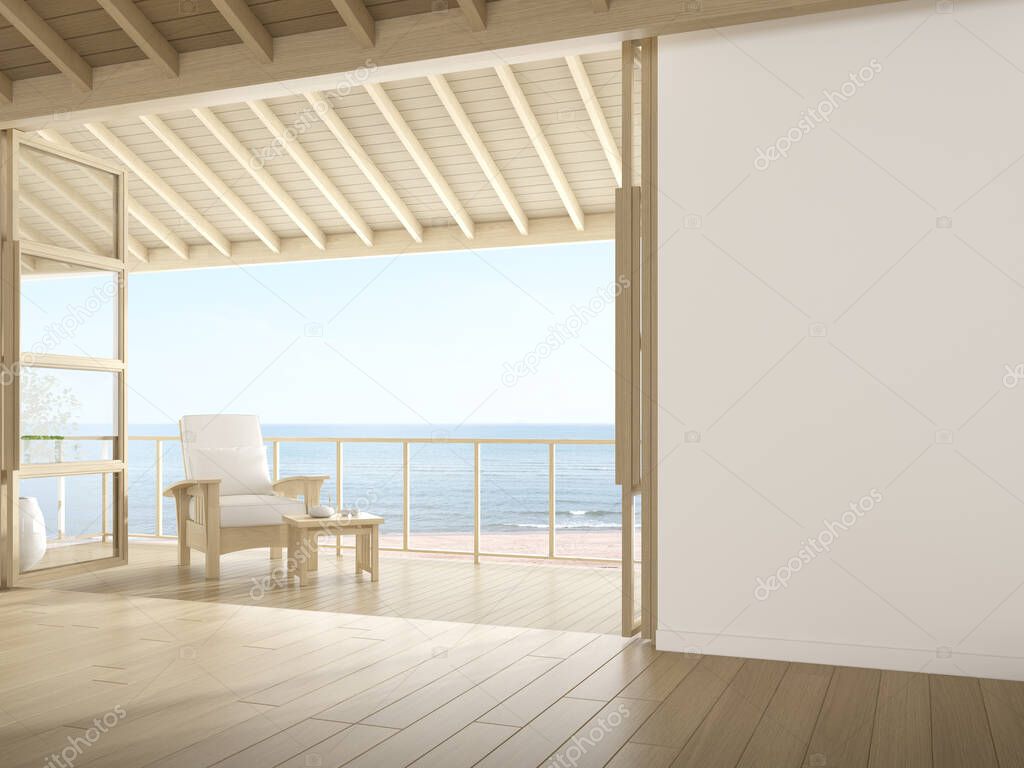 3d rendering of modern luxury room with wooden chair on sea background, Large window and door.