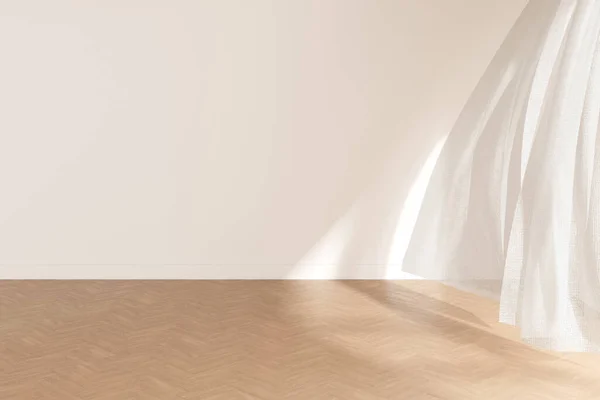 3D rendering of white empty room and curtain with wooden floor and sun light cast shadow on the wall.