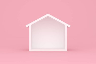 Çapraz kesitli evin 3D görüntülenmesi, pembe arka planda boş oda.
