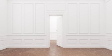 Boş klasik odadaki açık beyaz kapının 3D yansıması.