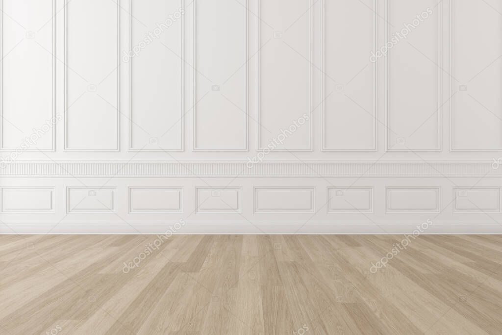 3d rendering of white empty classic room with wood laminate floor.