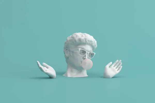 Yeşil arka planda pembe sakızlı insan kafası heykelinin en az güneş gözlüğü sahnesi, 3D görüntüleme.