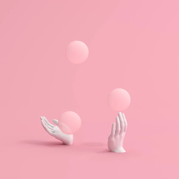 ピンクの背景に白い手の彫刻とジャグリングボールの3Dレンダリング — ストック写真