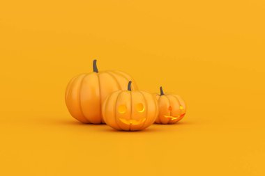 Turuncu arka planda Cadılar Bayramı balkabaklarının 3D canlandırması.