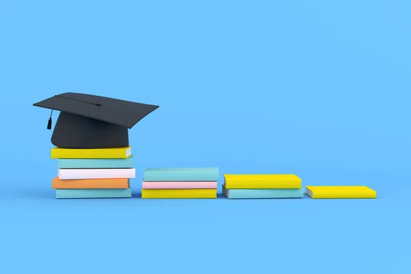 Wiedergabe Von Graduiertenmütze Auf Büchern Treppenform Auf Blauem Hintergrund Erfolgskonzept — Stockfoto