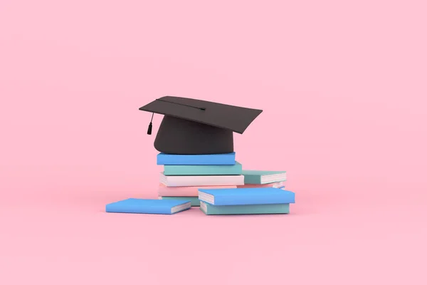 Rendu Casquette Graduation Des Livres Sur Fond Rose — Photo