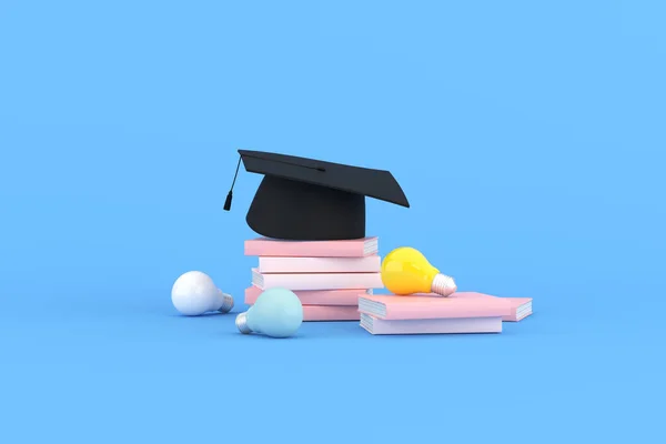 Rendering Von Graduierungskappen Mit Glühbirnen Und Büchern Auf Blauem Hintergrund — Stockfoto