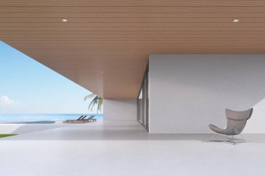 Dış görünüşü deniz zemininde boş beton duvarı olan modern lüks bir ev. 3d oluşturma.
