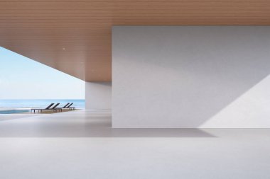 Dış görünüşü deniz zemininde boş beton duvarı olan modern lüks bir ev. 3d oluşturma.