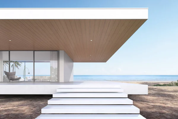 Aussicht Auf Modernes Luxus Strandhaus Mit Eingangstreppe Auf Meeresgrund Außen — Stockfoto