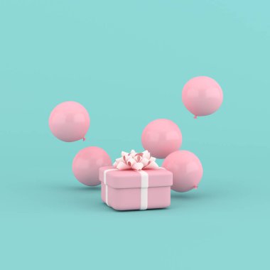 Yuvarlak hediye kutusu ve balonların 3D görüntüsü. Asgari konsept.