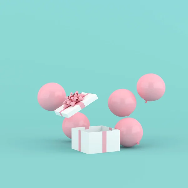 三维渲染开放式礼品盒和气球 最低限度概念 — 图库照片