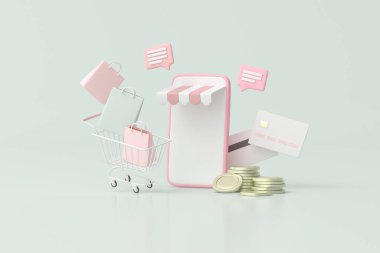 Kredi kartları ve akıllı telefonları olan bir alışveriş çantasının tasviri, online alışveriş konsepti, 3D görüntüleme.