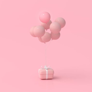 Hediye kutusu ve balonların 3D görüntüsü. Asgari konsept.