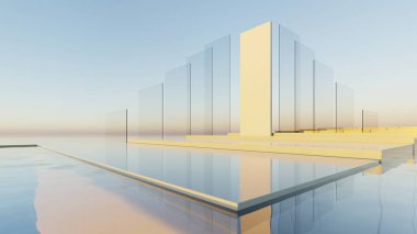 Boş beton zemin ve su ile soyut modern geometri mimarisinin 3D görüntüsü, mavi gökyüzü arka planına karşı dış havuzu olan minimum beyaz bina