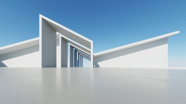 Soyut modern mimari arka plan, minimal geometri mimari tasarımı, boş beton zeminli araba sunumu arkaplanı, Geometrik beyaz bloklar bina tasarımı