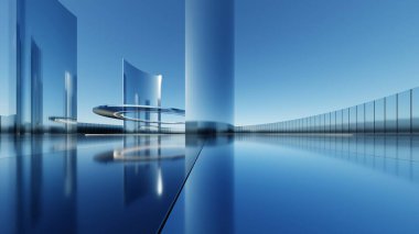 3d illustration of abstract titanium architecture background, Minimal curved geometry architectural, Car presentation backdrop with empty reflected concrete floor, Neon geometric metal building design