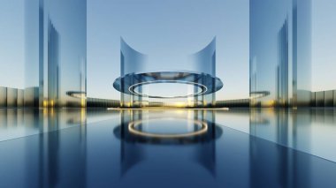 3d illustration of abstract titanium architecture background, Minimal curved geometry architectural, Car presentation backdrop with empty reflected concrete floor, Neon geometric metal building design