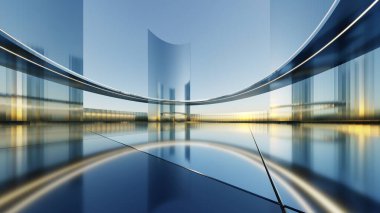 3d illustration of abstract titanium architecture background, Minimal curved geometry architectural, Car presentation backdrop with empty reflected concrete floor, Neon geometric metal building design