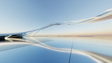 3d illustration of abstract titanium architecture background, Minimal curved geometry architectural, Car presentation backdrop with empty reflected concrete floor, Neon geometric metal building design