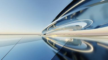 3d illustration of abstract titanium architecture background, Minimal curved geometry architectural, Car presentation backdrop with empty reflected concrete floor, Neon geometric metal building design