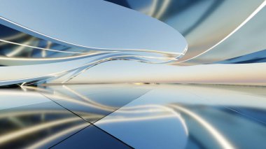 3d illustration of abstract titanium architecture background, Minimal curved geometry architectural, Car presentation backdrop with empty reflected concrete floor, Neon geometric metal building design
