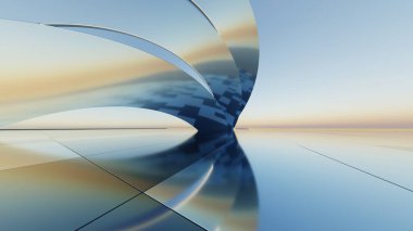 3d illustration of abstract titanium architecture background, Minimal curved geometry architectural, Car presentation backdrop with empty reflected concrete floor, Neon geometric metal building design