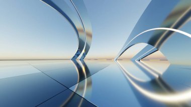 3d illustration of abstract titanium architecture background, Minimal curved geometry architectural, Car presentation backdrop with empty reflected concrete floor, Neon geometric metal building design