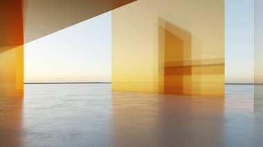 Üç boyutlu soyut mimari arkaplan, minimum geometri mimarisi, çelik panel mimari tasarımı, Geometrik metal bina, araba sunumu için boş beton zemin