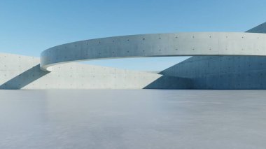 3d render of abstract modern concrete architecture background, Minimal circle geometry architectural design, Car presentation backdrop with empty concrete floor, Geometric white blocks building design