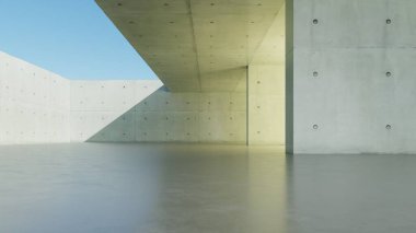 3d render of abstract modern concrete architecture background, Minimal geometry architectural design, Car presentation backdrop with empty concrete floor, Geometric white blocks building design