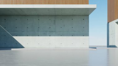 3d render of abstract modern concrete architecture background, Minimal geometry architectural design, Car presentation backdrop with empty concrete floor, Geometric white blocks building design