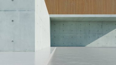 3d render of abstract modern concrete architecture background, Minimal geometry architectural design, Car presentation backdrop with empty concrete floor, Geometric white blocks building design