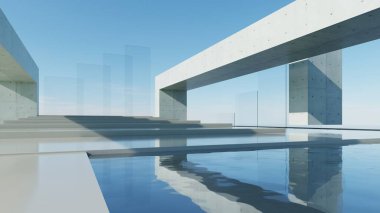 Üç boyutlu soyut modern geometri mimarisi boş beton zemin ve su ile, dış havuzu mavi gökyüzü arka planına karşı olan minimum beton bina
