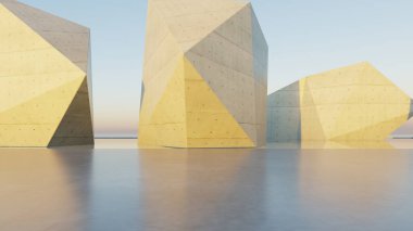 Boş beton zemin ve su ile soyut modern geometri mimarisinin 3 boyutlu çizimi, mavi gökyüzü arka planına karşı minimum çokgen beton bina