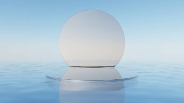 Soyut asgari Geometri arkaplanının 3d çizimi, su yüzeyinde cam tasarımı olan geometrik podyum, ürün sunumu arkaplan