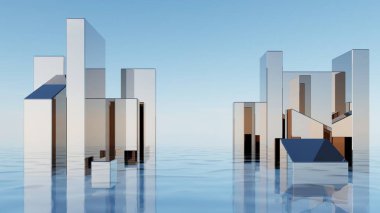 Soyut asgari Geometri arkaplanının 3d çizimi, su yüzeyinde cam tasarımı olan geometrik podyum, ürün sunumu arkaplan